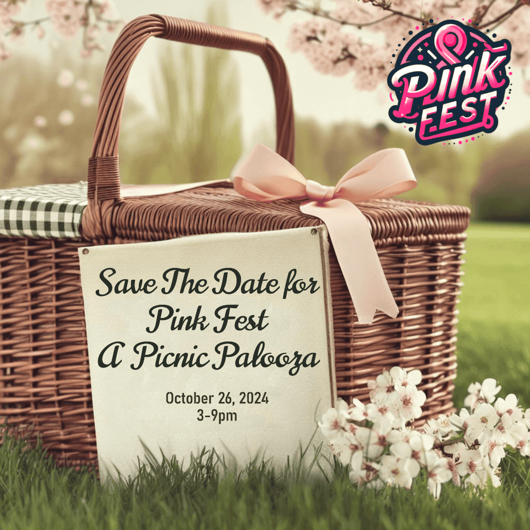 Picnic basket with 'Pink Fest' Save the Date card and cherry blossoms.